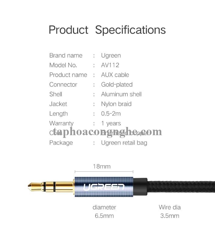 Ugreen 50364 3M màu Đen Cáp âm thanh 2 đầu 3.5mm dương AV112 30050364